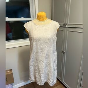 Lina Tomei Elegant Cream Leaf Tropical Linen Dress Size Medium